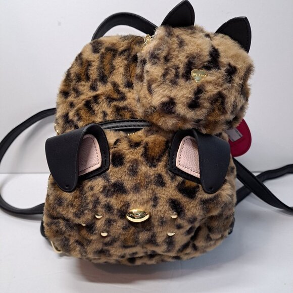 Betsey Johnson Mini Kitsch Faux Fur Cat Leopard Backpack Crossbody & Earbud Case - Picture 15 of 16